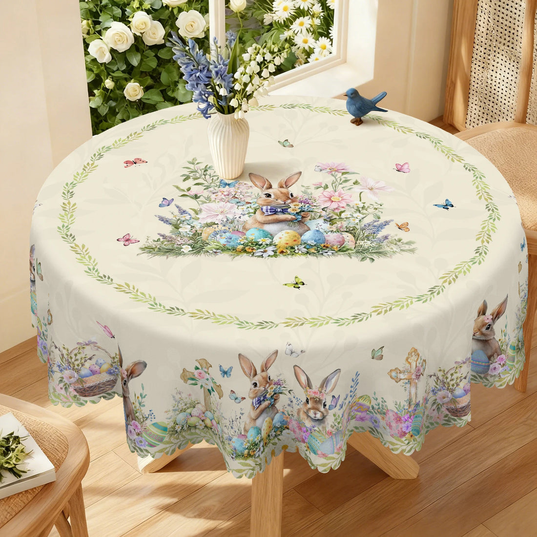 Cute Bunny Easter-Themed Tablecloth, with Crosses, Easter Eggs, Flowers, Butterflies, Cute Bunny Print Patterns, Multiple Size Options, Embossed Edges, Waterproof, Wrinkle-Resistant, Fade-Resistant, Perfect Gift for Family an