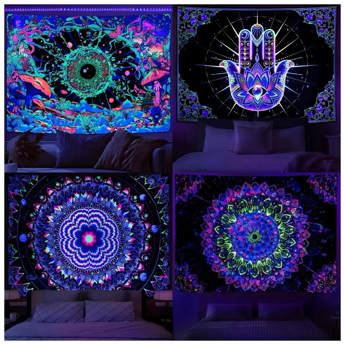 VIKAMA Neon Illusion Hamsa Hand Tapestry Cosmic Nebula All Seeing Eye Meditation Room Bohemian Bedroom Home Decor Tapestry
