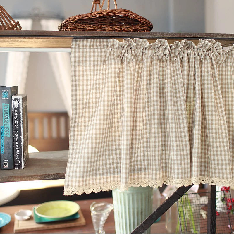 Beige Plaid Short Cabinet Curtains Rustic Farmhouse Rod Pocket Window Valances Ready Made for Kitchen Cafe Home Decor