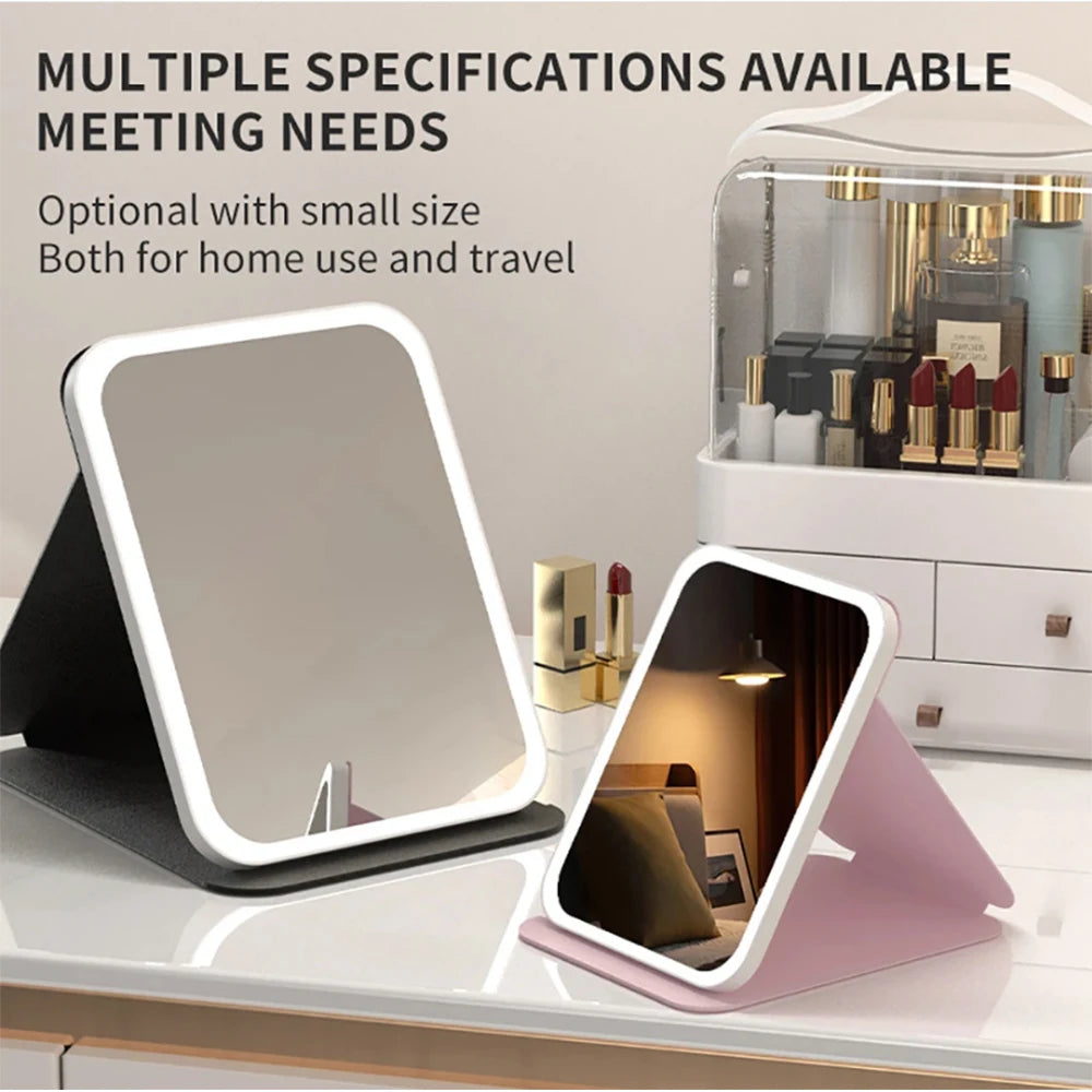 LED Makeup Mirror 3 Colors Light Portable Vanity with Adjustable Brightness USB Charging Foldable for Travel And Home Use