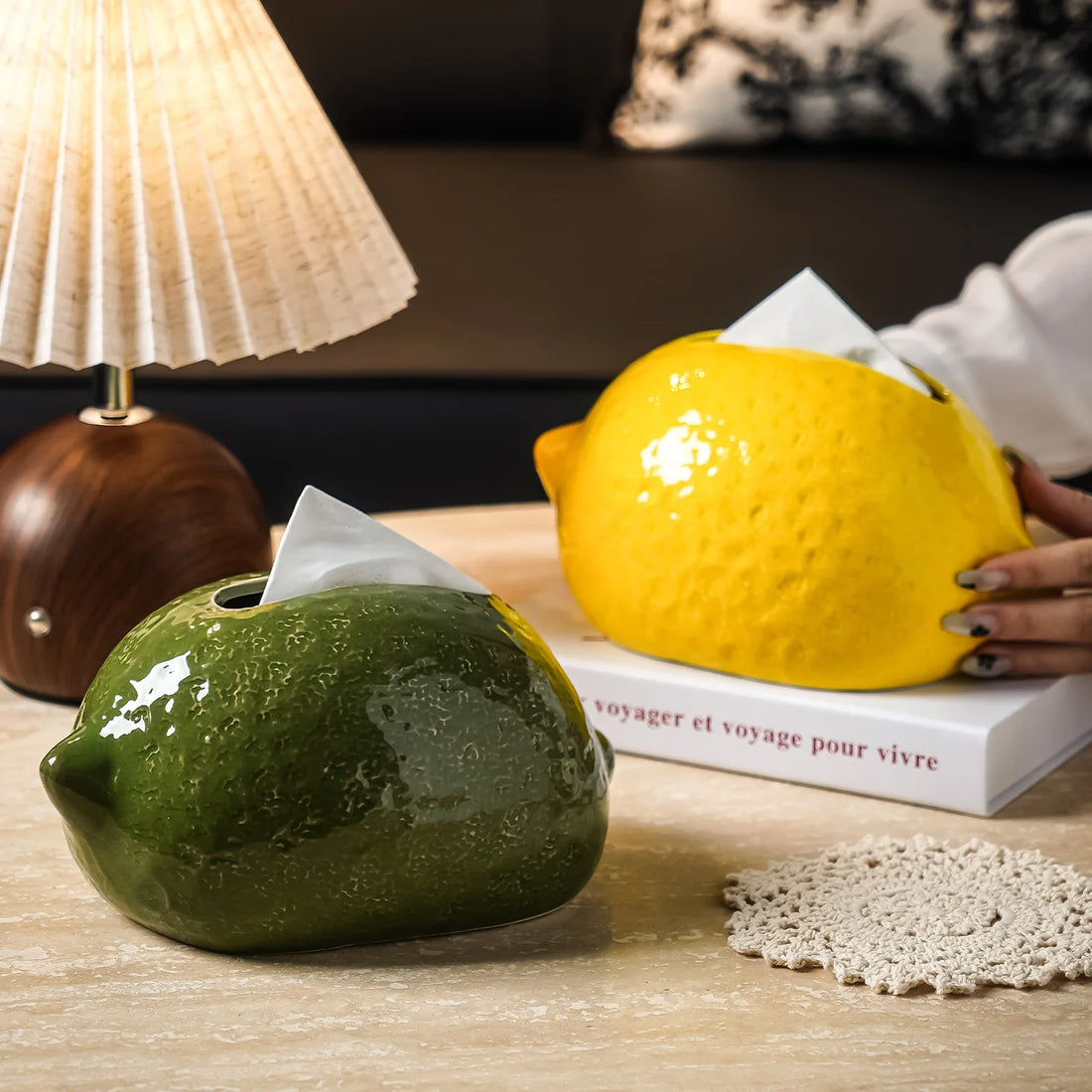 Lemon Shaped Tissue Box Ceramic Aesthetic Home Decor Dopamine Color Desktop Organizer Unique Gift Idea for Living Room Kitchen