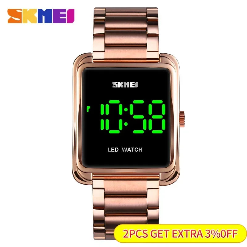 SKMEI 1505 Stainless Steel Strap Thin Electronic Clock Fashion LED Digital Watch Mens Waterproof Date Men Digital Wristwatches