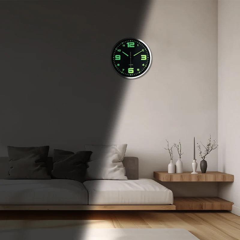 A unique luminous plastic glass wall clock, 8-16 inch modern round silent glow clock, powered by AA batteries, suitable for game