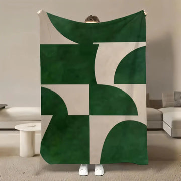 Abstract Geometric Pattern Throw Blanket in Green and Beige, Modern Stylish Lightweight Decorative Sofa Cover, Cozy Rectangle Wr