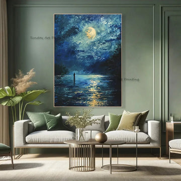 Moonlight Seascape Hand Painted Oil Painting On Canvas Modern Abstract Blue Night Ocean Wall Art For Living Room Home Decor