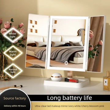 Foldable3 Folding 4K HD Round LED Makeup Mirror with Light French Vanity Mirror Desktop Large Bathroom Luminous Mirror Household