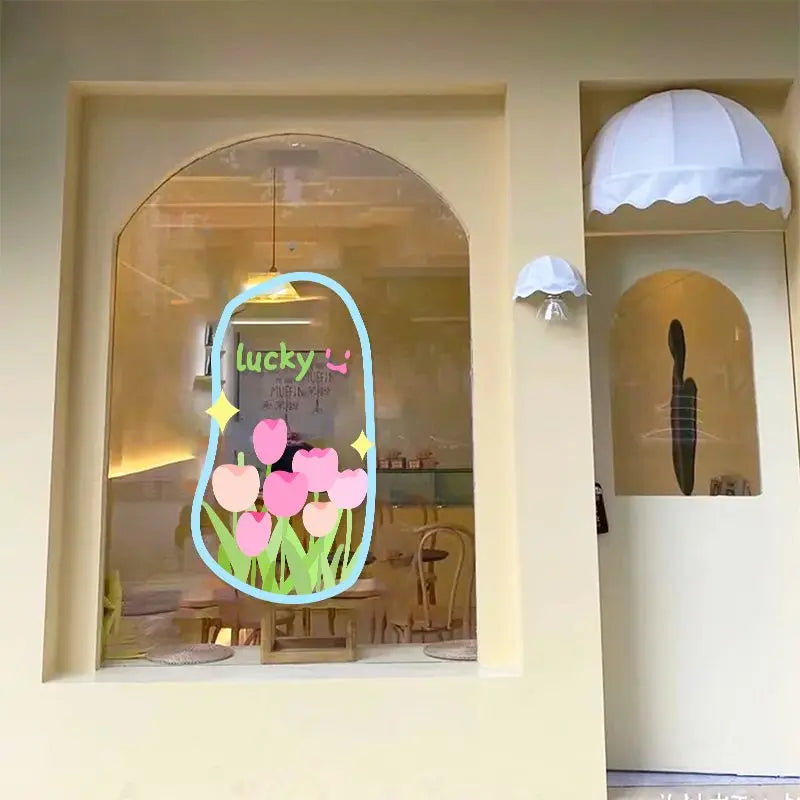 Lucky Tulip Flower Mirror Sticker Cake Coffee Tea Shops Window Glass Door Showcase Decorative Films Static Cling Adsorption DIY