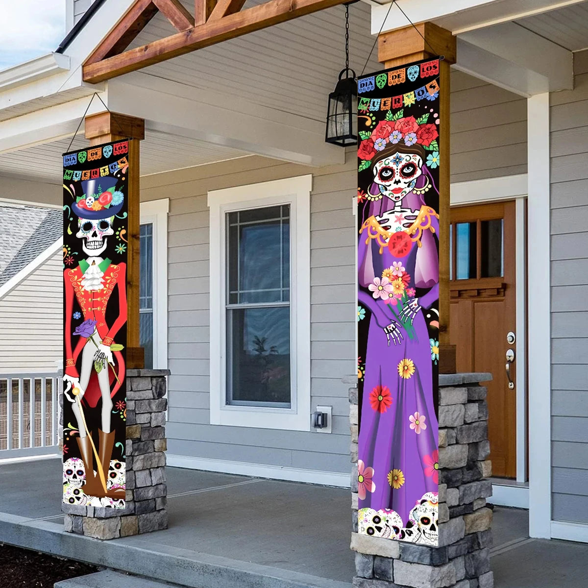 2pcs Day of The Dead Porch Sign Skull Hanging Door Banners Background Halloween Party Wall Decoration Hanging Wall Door Banner