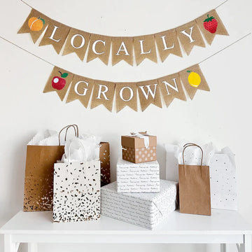 Locally Grown Burlap Banner Farmers Market Sign Organic Baby Shower Farm Fresh Decor Fruit Vegetable Stand Garden Party Decorate