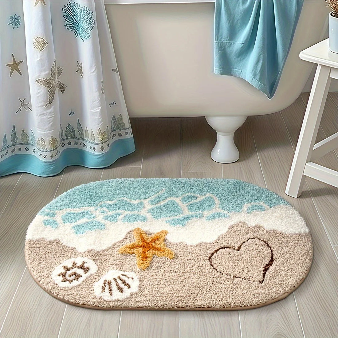 1pc Ocean-Themed Plush Faux Cashmere Bathroom Mat, Anti-Slip Absorbent Bath Mat with Beach Starfish & Heart Design