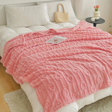 1pc Fashionably Simple Solid Color Double-sided Fleece Jacquard Heart Blanket, Suitable for both Bedroom and Living Room Use