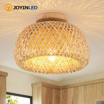 30/38CM Handmade Bamboo Ceiling Light Bohemian Woven Rattan Semi Flush Mount Fixture Natural Chandelier for Living Room, Bedroom