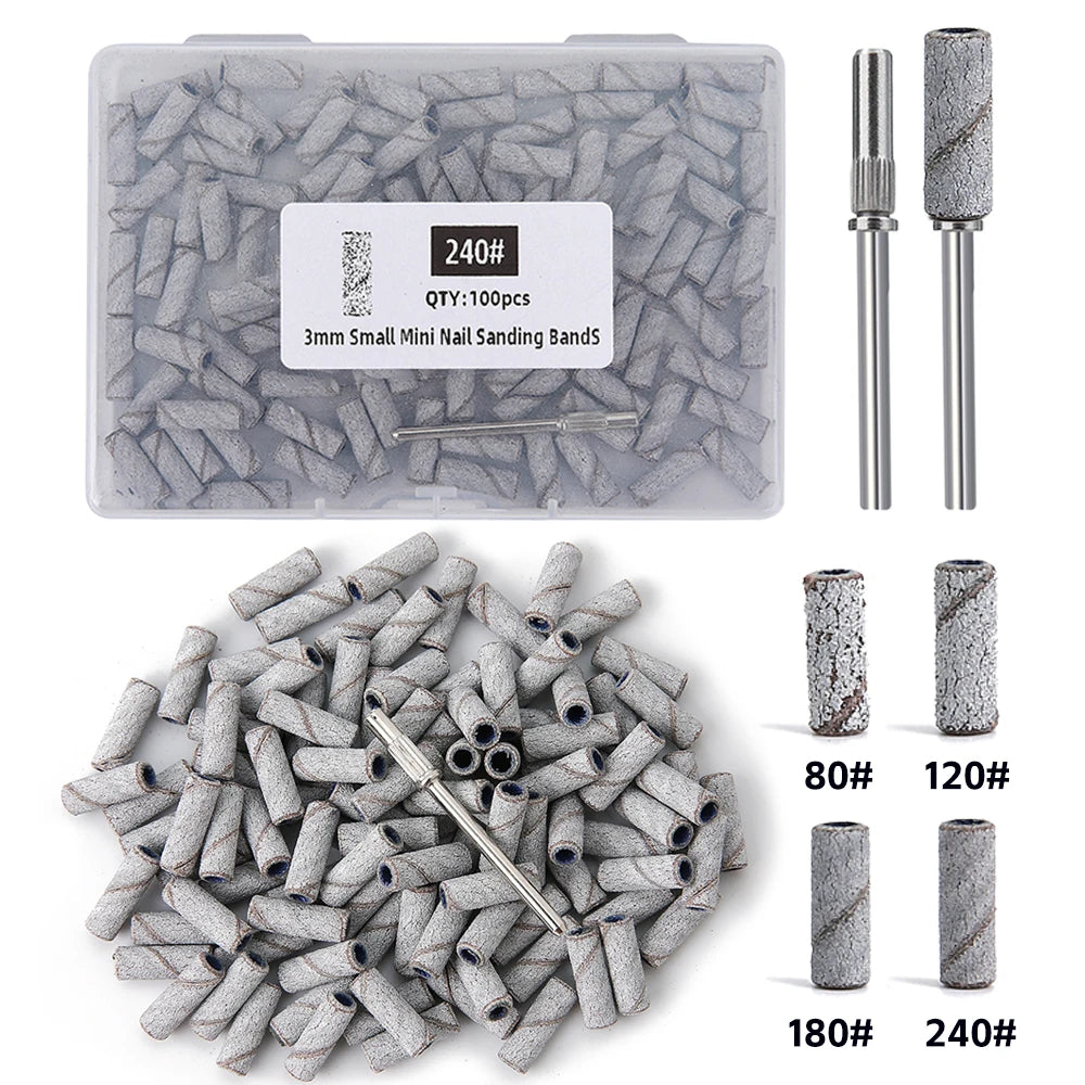 3mm Nail Sanding Bands-80/120/180/240 Grit Mini Nail Drill Bit Electric Nail File Accessory Polishing Manicure Tool 50/100pcs