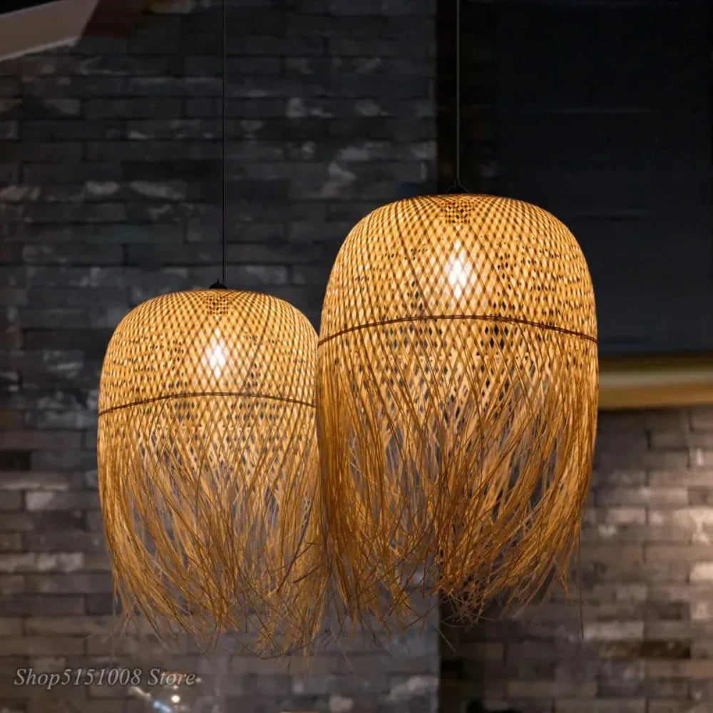 Japanese Style Bamboo Pendant Lamp Shade for Ceiling Lights Rattan Wicker Handmade Chandelier Lighting Fixture Home Indoor Decor