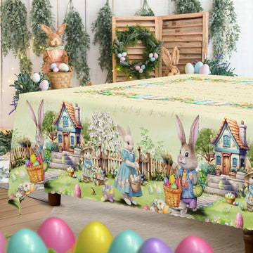 1 Piece, Easter-Themed Polyester Tablecloth + 4 Self-Adhesive Stickers, Warm Family Easter Egg Hunt Pattern with Peter Rabbit Around the Edges, Central Area Woven with Eggs and Flowers, Embossed Edges Suitable for Home Kitche