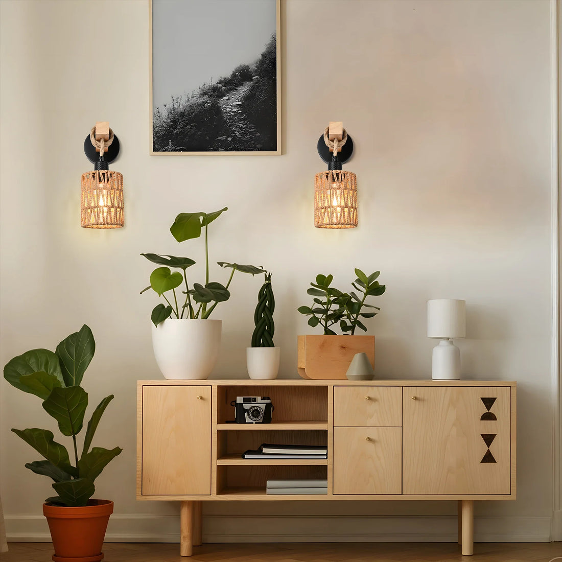 Easy Install Rattan Wall Sconces Wall Lights with Dimmable Boho Wall Mount Light Fixtures Wicker Wall lamp for Bedroom Nursery