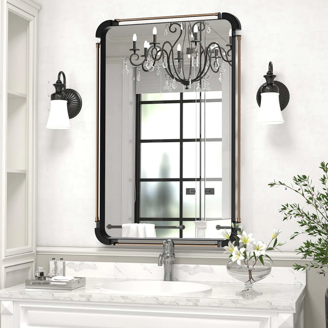Vintage Wall Mounted Mirror for Living Room, Metal Pipe, Decorative Accent Mirror, Farmhouse, 90cm