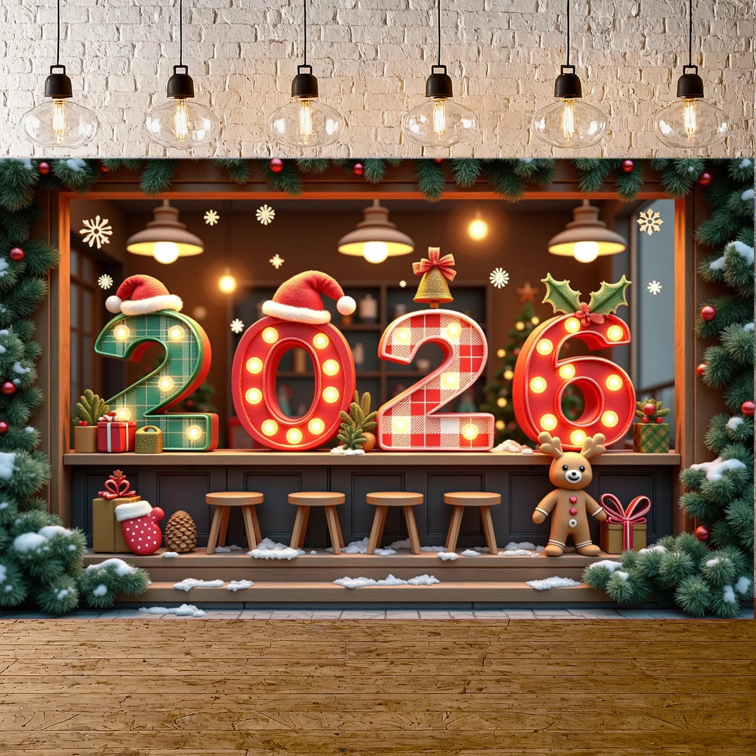 2026 New Year Banner Merry Christmas Banner Holiday Decoration Gold Light Up for Christmas Party Celebration Indoor Decor