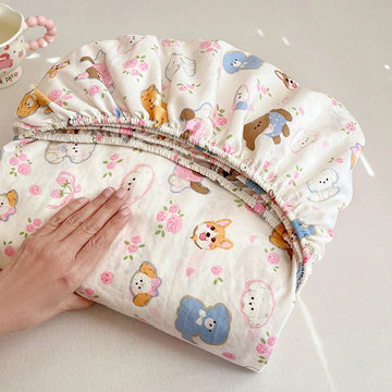 Washed Comfortable Fitted Sheet with Elastic Bands Non Slip Adjustable Mattress Cover Printed Cartoon for Double King Queen
