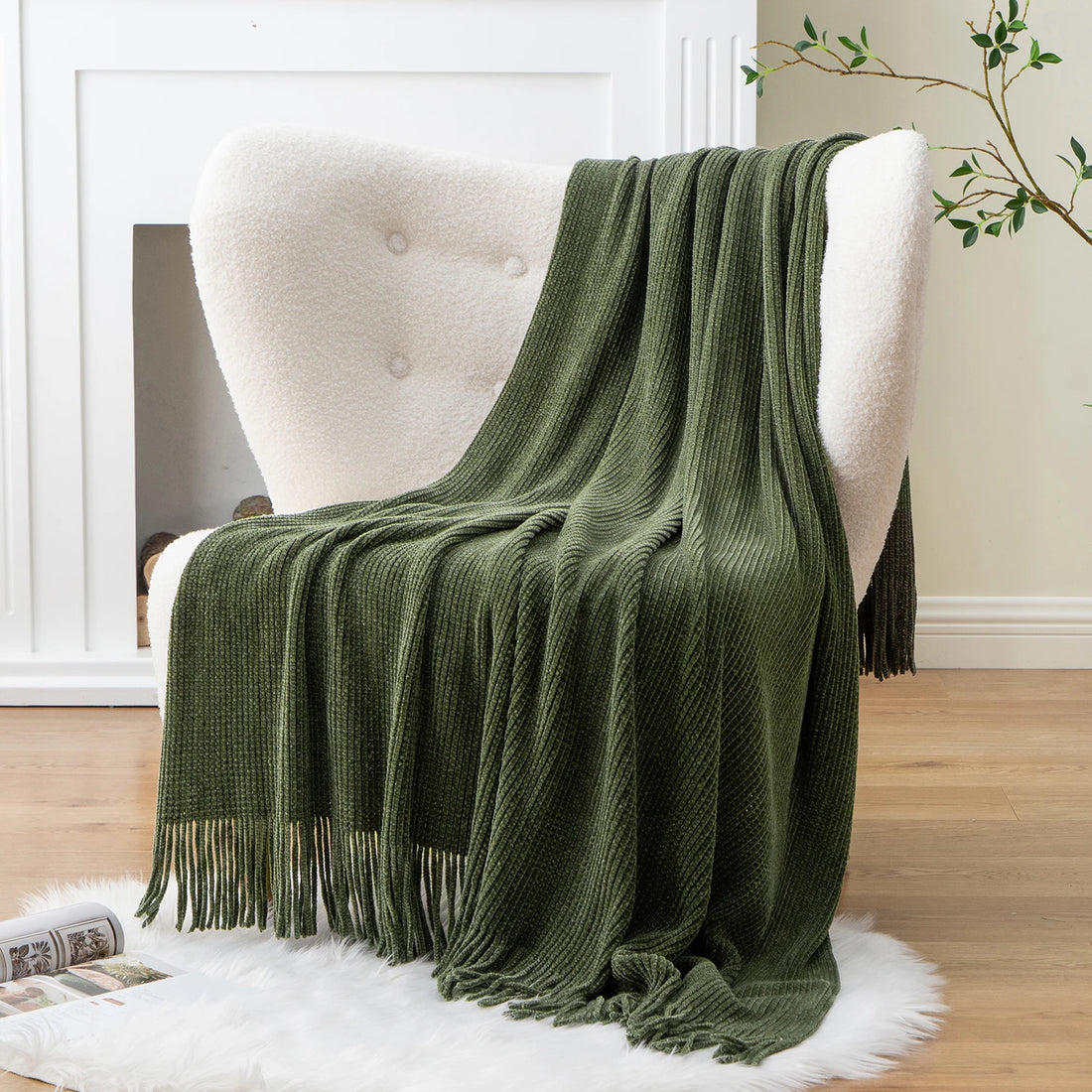 Battilo Chenille Knit Blankets with Tassels Green Plaid Throw Blanket for Bed Couch Decorative Sofa Blanket Bedroom Spring Decor