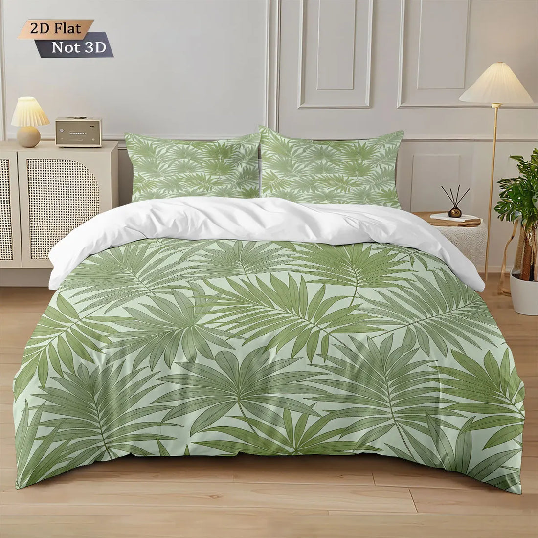 3pcs Green Plant Leaf Printed Down Duvet Cover Set, Multi Size Bedroom And Dormitory Bedding Decoration, Machine Washable