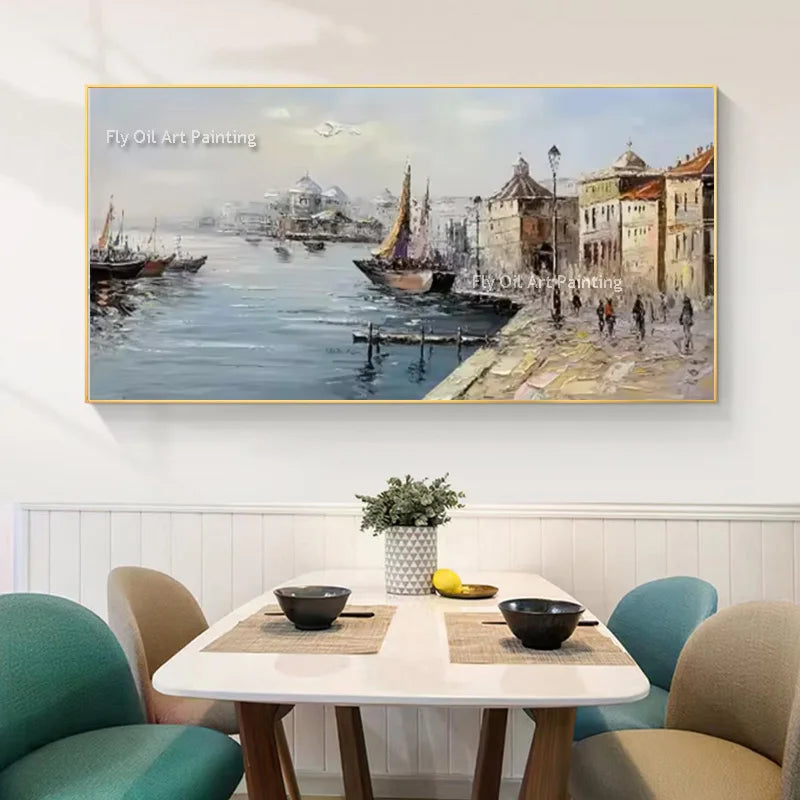 Modern Seasiden View Beautiful Venice Cityscape Canvas Oil Painting Handpainted Boats On The Sea Yellow Sunset Wall Art Decor