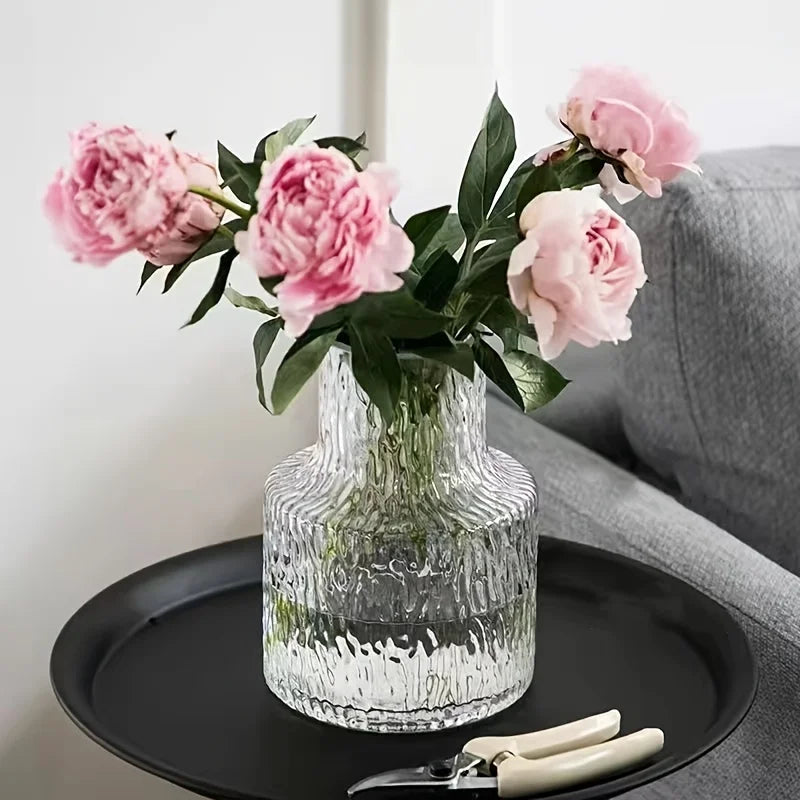 Handmade Glacier Textured Glass Vase, 8cm/3.15inch Caliber for Wide-Mouthed Floral for Decorating Living Rooms and Dining Tables
