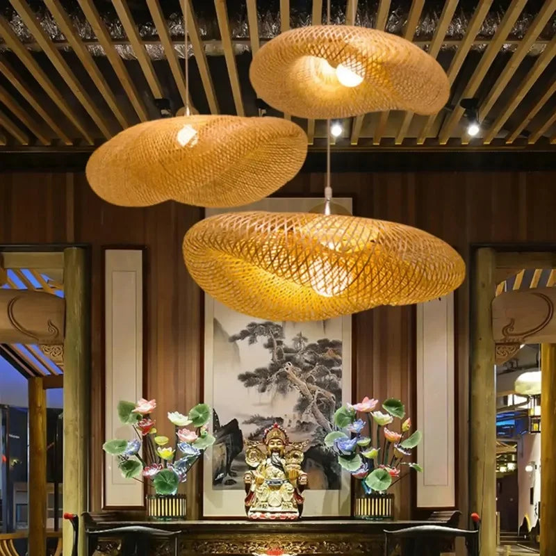 Handmade Hanging Chandelier Lighting Vintage Bamboo Weaving LED Pendant Light Home Living Room Kitchen Decor Rattan Woven Lamp