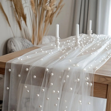 Pearl Chiffon Table Runner 80x300cm Semi Transparent Gauze Mesh Table Cloth for Wedding Bridal Shower Party Dining Decoration