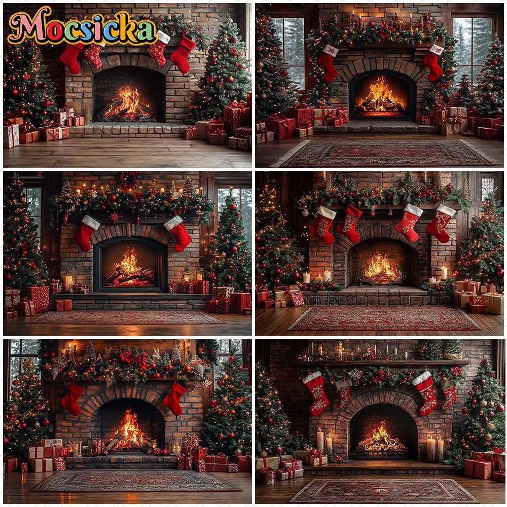 Mocsicka Photography Background Home Christmas Tree Fireplace Decors Child Family Holiday Party Backdrops Shooting Studio Banner