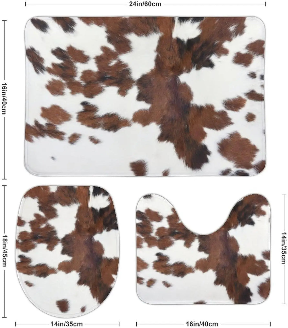 3PCS Cow Print Bath Mat Set, Farm Animal Fur U-Shape Toilet Cover & Rug, Soft Non-Slip Absorbent Bathroom Decor Set