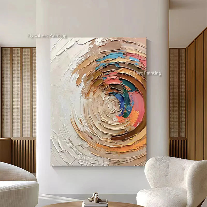 Special Design Beige Brown Abstract Knife Thick Oil Painting On Canvas Handmade Orange Beige Circle Wall Art For Room Hall Decor