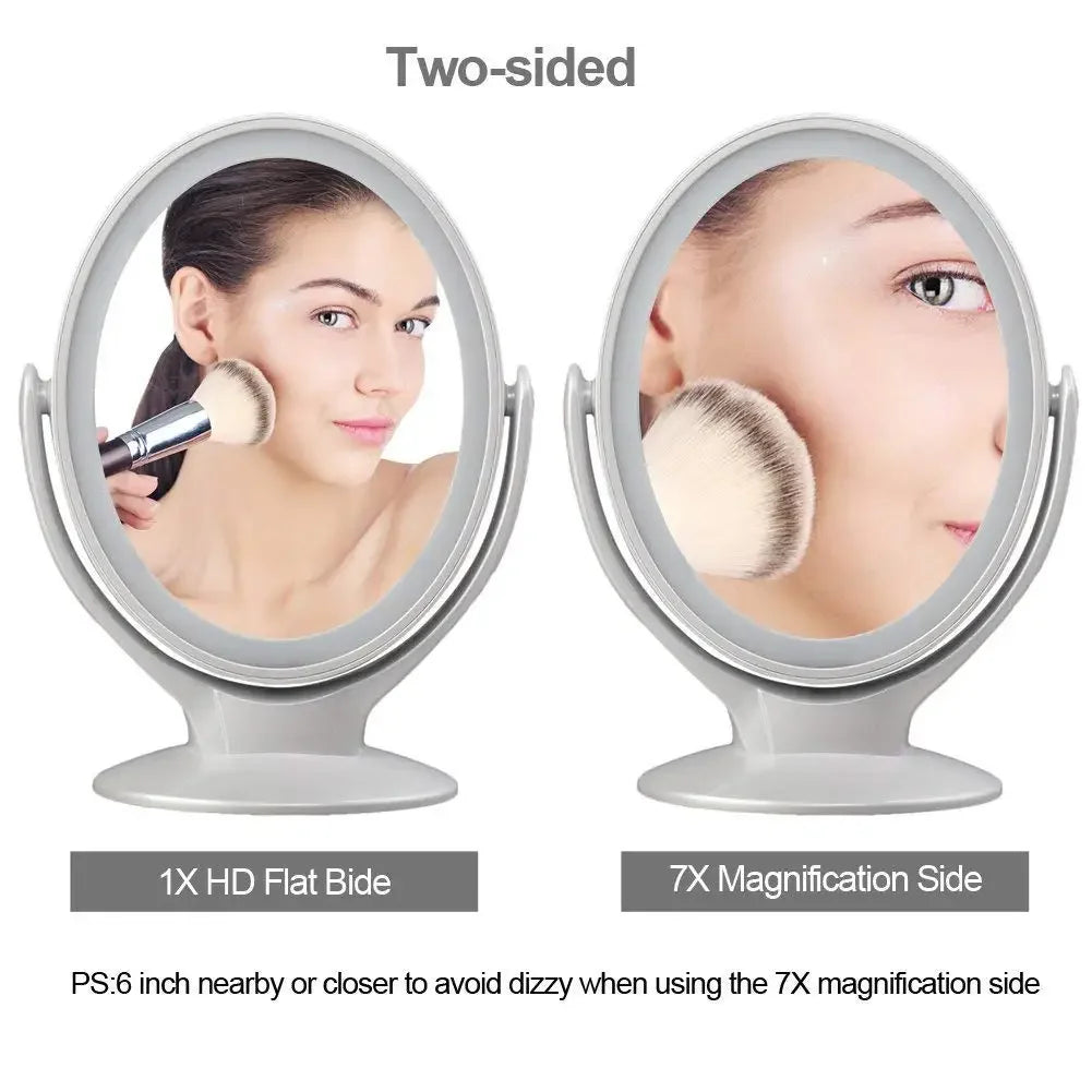 Makeup Mirror With Light, Double-Sided 1X/7X Magnifying Mirror,USB Rechargeable, 360° Rotating Freestanding LED Mirror