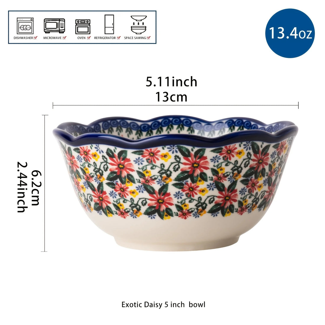 1pc/2/4/6/8pcs,Retro-style daisy ceramic bowl, 5 inches in diameter, suitable for holding cereal, soup, snacks and salads.