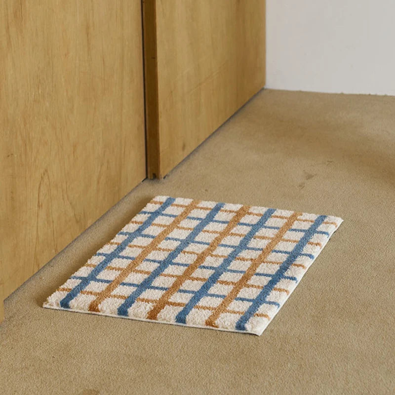 VIKAMA Summer InS-style Korean Striped Checkered Bedroom Carpet, Anti-slip and Absorbent Bathroom Floor Mat, Home Decoration