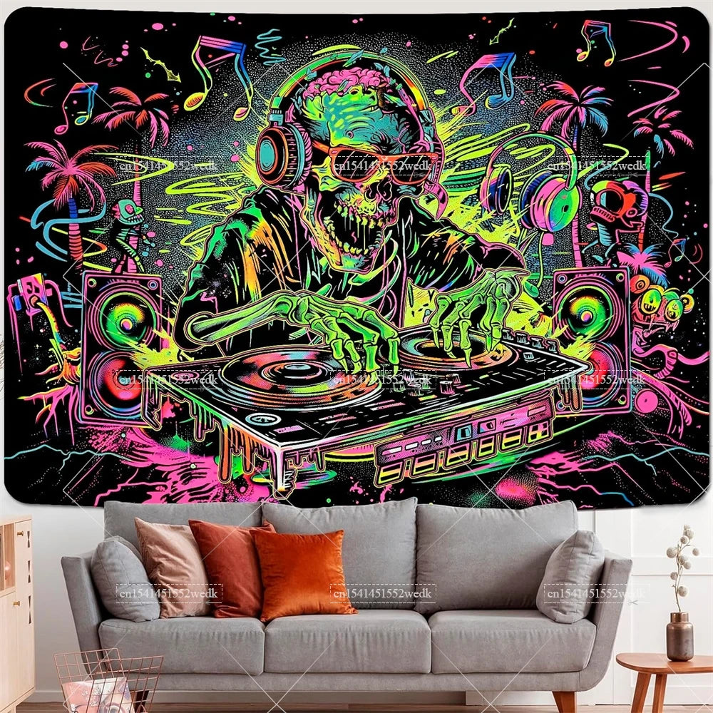Skull Blacklight Tapestry UV Reactive Trippy Hip Hop DJ Skeleton Tapestry Neon Wall Hanging Room Decor Aesthetic Party Backdrops