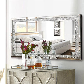 120x60CM Crystal Crush Diamond Wall Mirror Gorgeous RectangleSilver Mirrors for Bathroom, Bedroom, Dining Room and Living Room