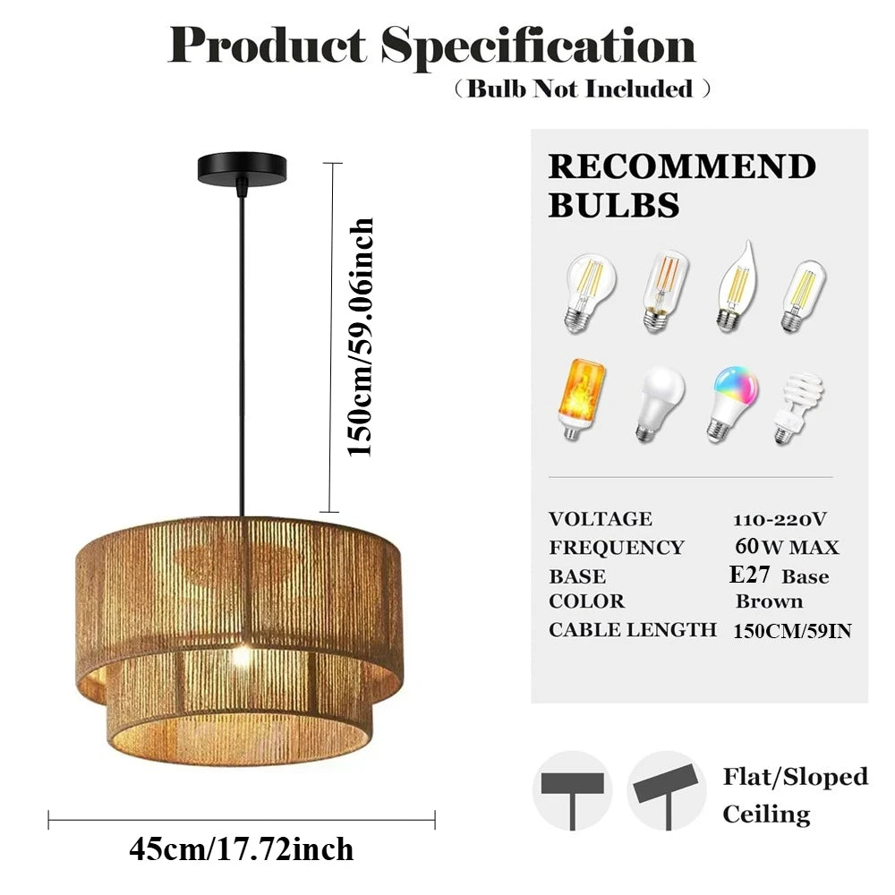 JOYINLED 45CM Boho Retro Pendant Light 2 Layers Hand Woven Hanging Lamp E27 Dining Table Ceiling Light for Living Room Bedroom