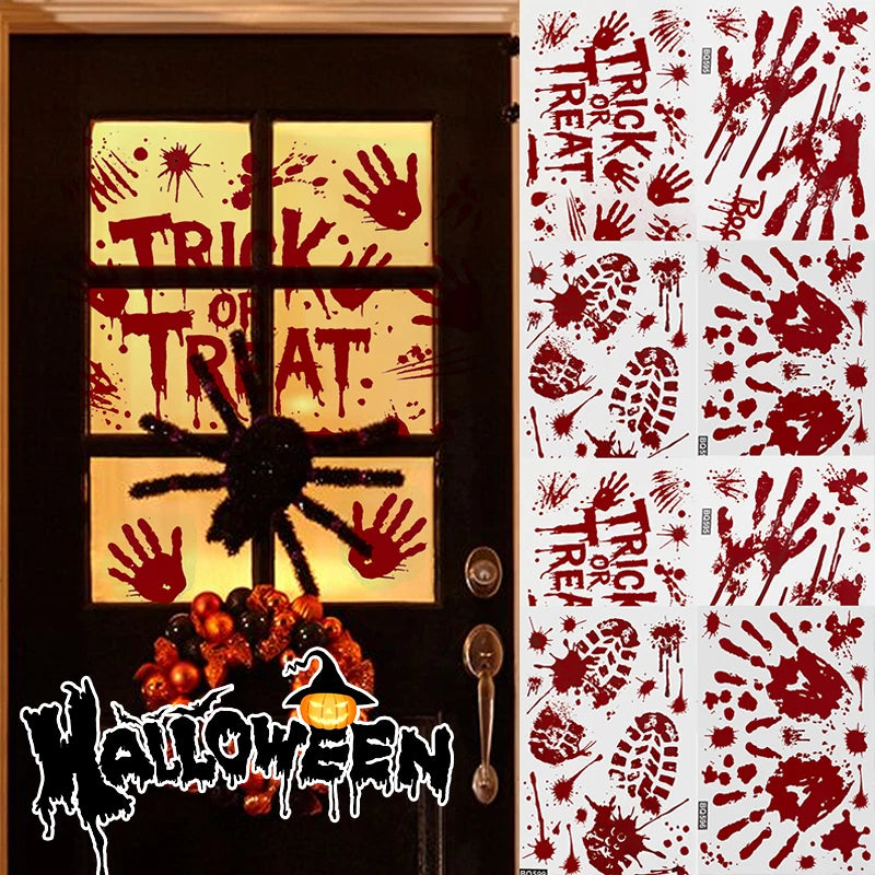Halloween Decorations Window Stickers Reusable Bloody Handprint Footprint Horror Sticker Scary Realistic Tattoo Stickers Decors