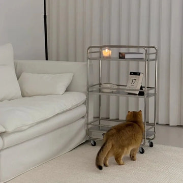 Nordic Stainless Steel Side Table Living Room Mobile Trolley with Wheels Storage Rack Kitchen Multifunctional Storage Rack
