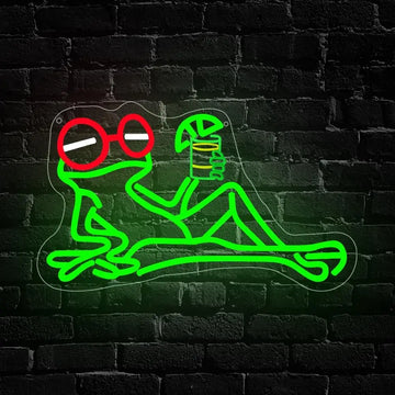   Frog Neon Sign with Drink and Sunglasses Retro LED Wall Art for Bar Home Cafe Decor Cool Lounge Ambiance Lighting  Gift