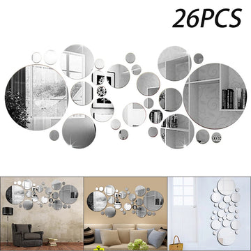 26PCs 3D Acrylic Mirror Wall Sticker Round Mirror Decals DIY for Bedroom Bathroom and TV Background Room Sticker Wall Decoration