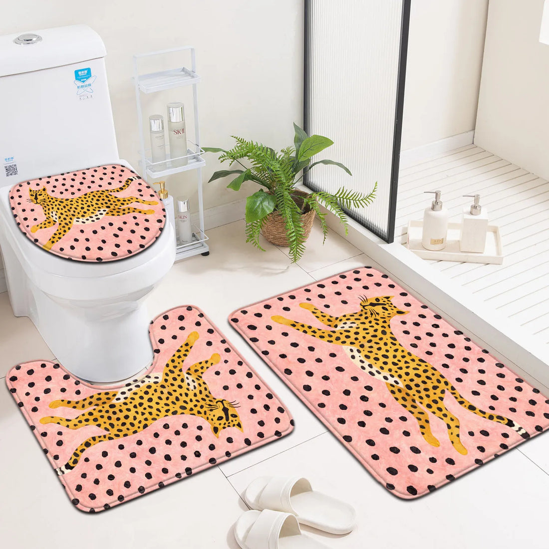 3 pcts pink polled with leopard pattern bathroom floor mat for home decoration carpet with toilet lid cover Products for bathroo