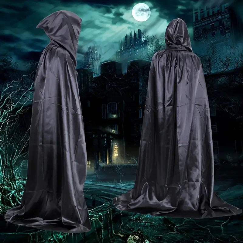 Halloween Cloak Cape Costume Black Wizard Robe Grim Reaper Cosplay Outfit for Adults Kids Party Stage Performance Decoration