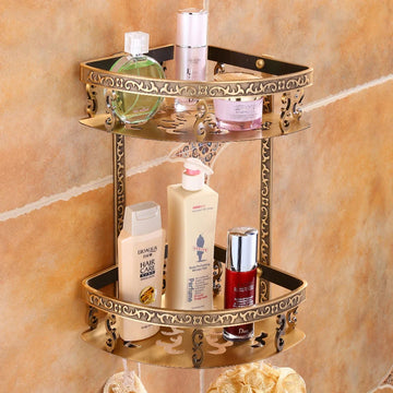 Antique Brass Aluminum Foldable Corner Rack Shelves Toilet Storage Bathroom Towel Holder Shelf with Hooks - Bathroom Accessories