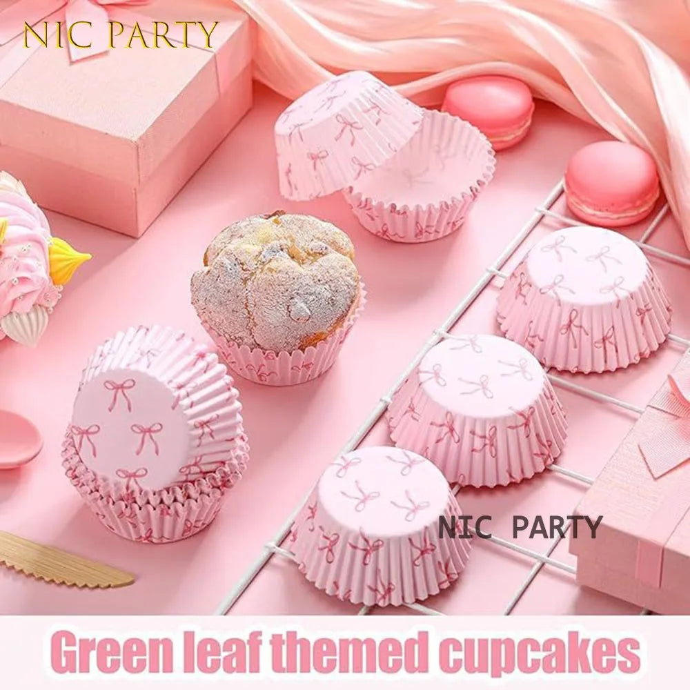 Pink Bow Cupcake Toppers Wrappers Baking Cups for Kid Birthday Party Tableware Baby Shower Wedding Bridal Showers Party Decors