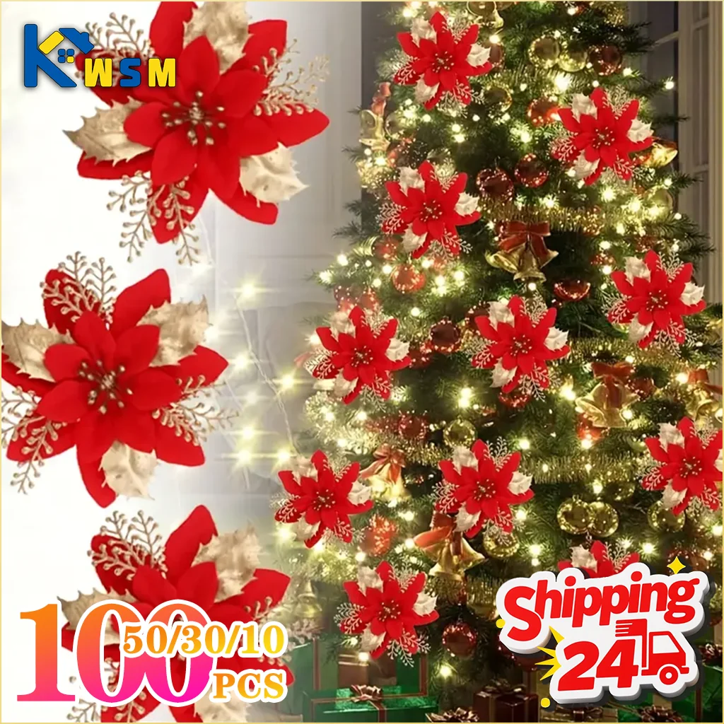 10-100PCS Artificial Glitter Christmas Flowers Ornaments for Tree Hanging Decoration Indoor Outdoor Holiday Party Supplies