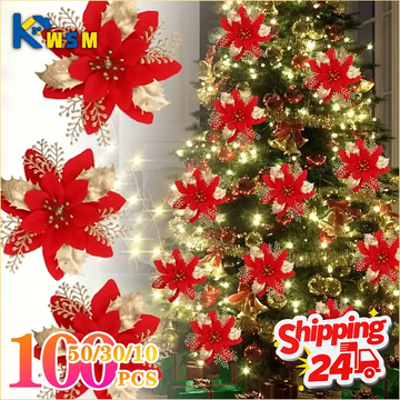 10-100PCS Artificial Glitter Christmas Flowers Ornaments for Tree Hanging Decoration Indoor Outdoor Holiday Party Supplies