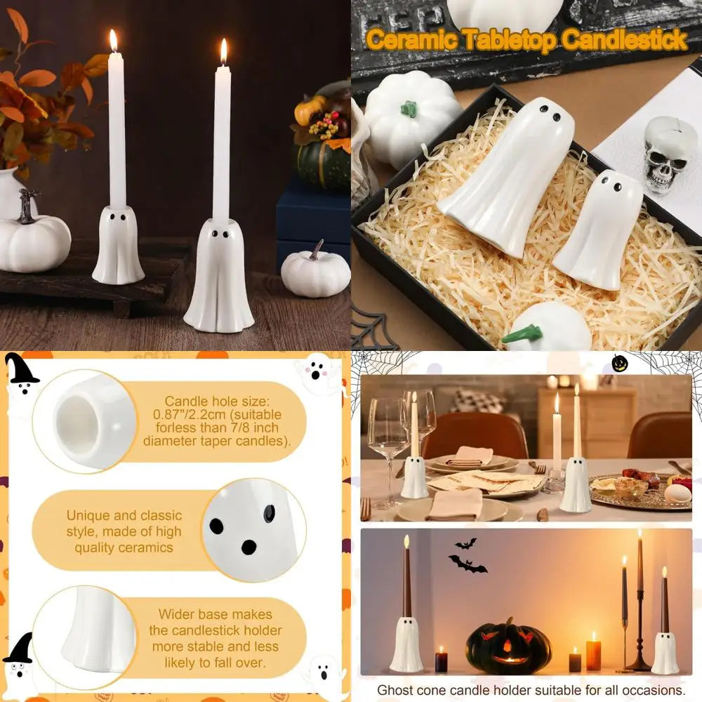 2 pcs halloween ghost candlestick holders cute ghost shape candle stick holders halloween ceramic taper candleholder for wedding
