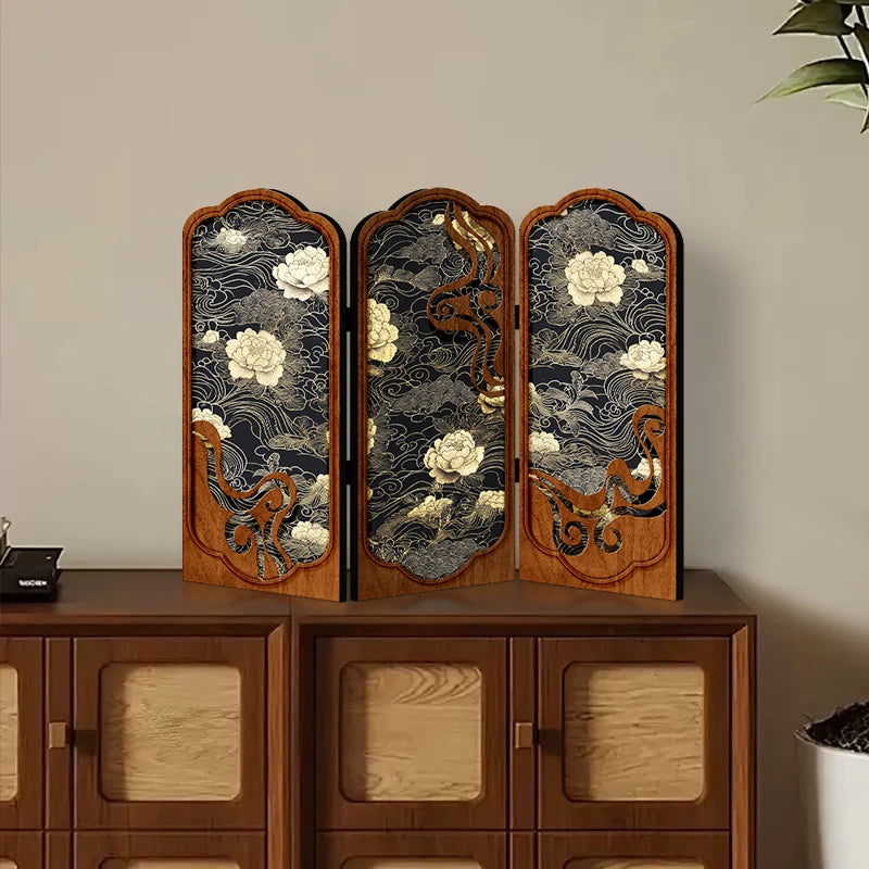 Tabletop screen painting antique living room folding edge cabinet decoration decoration Creative peony gift gift